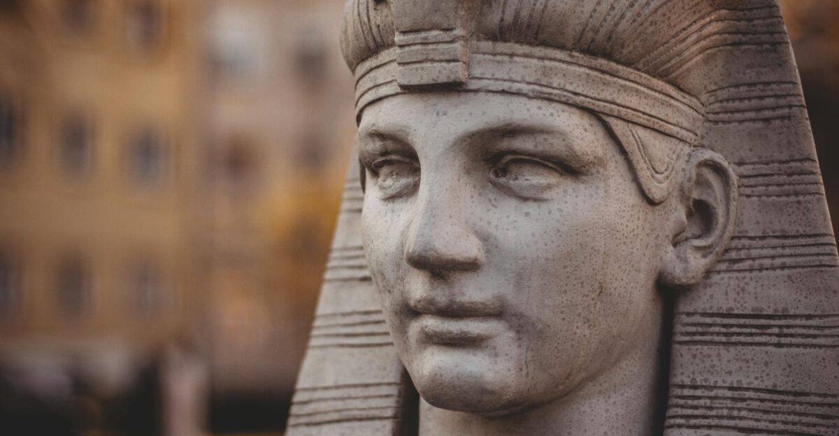 Detailed close-up of a Pharaoh sculpture in Osijek Croatia with a soft background