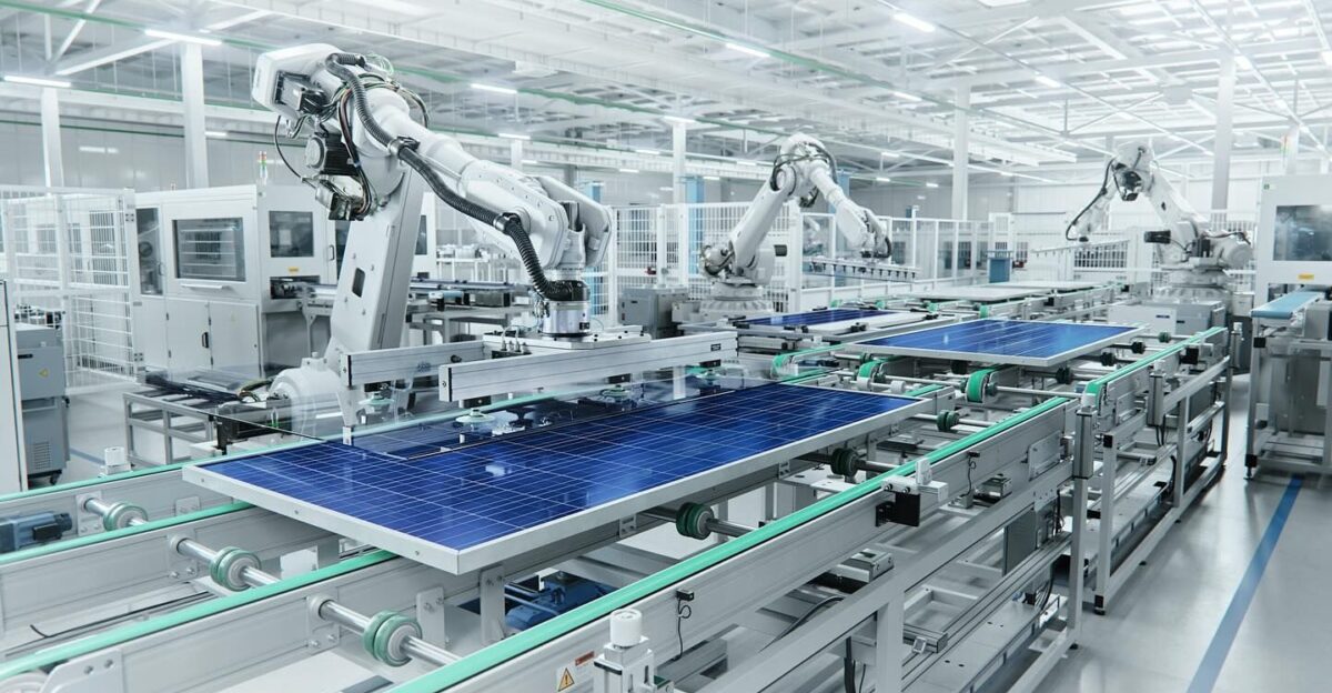 Wide Shot of Solar Panel Production Line with Robot Arms at Modern Bright Factory Solar Panels are being Assembled on Conveyor Stock Photo ID 2184906737 by Yasin Shaker
