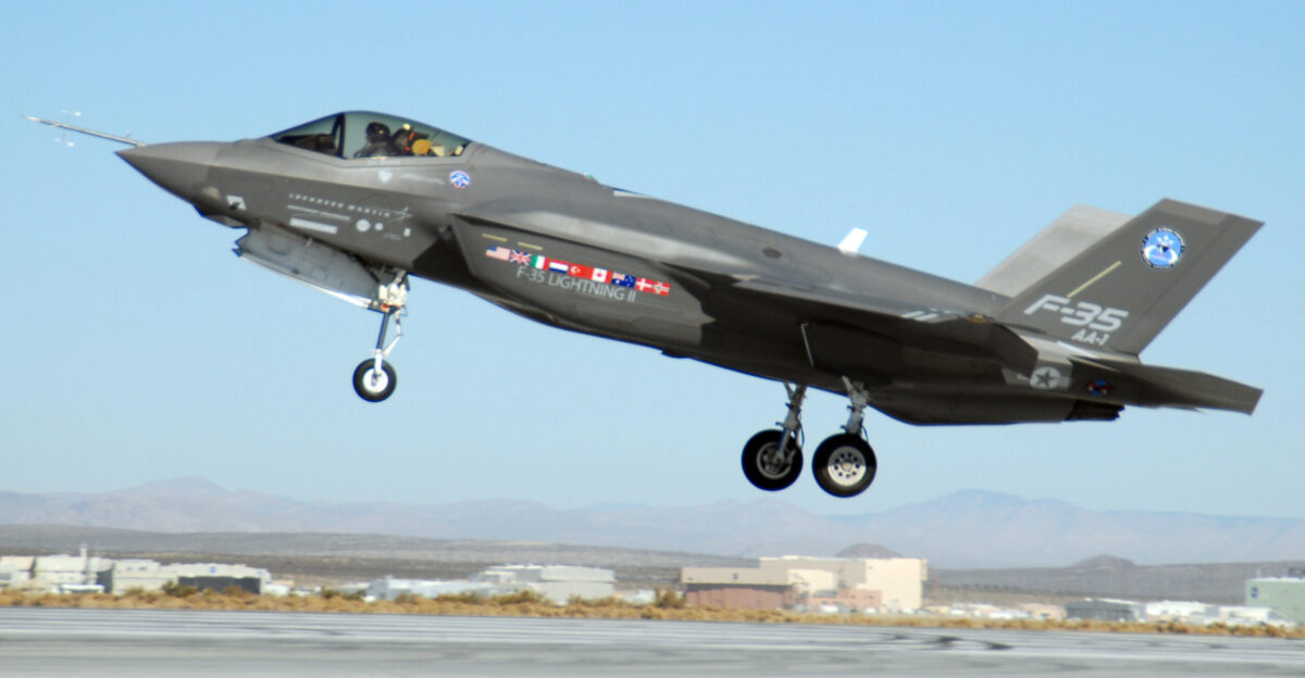 An F-35 Lightning II marked AA-1 takes off Oct 23 at Edwards Air Force Base Calif The F-35 Integrated Test Force staff concluded an air-start test