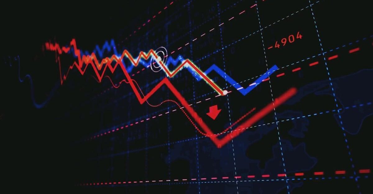 Global Market Crash Stock Prices Falling Financial Crisis Economic Downturn Red Blue Lines Chart Dat by anand