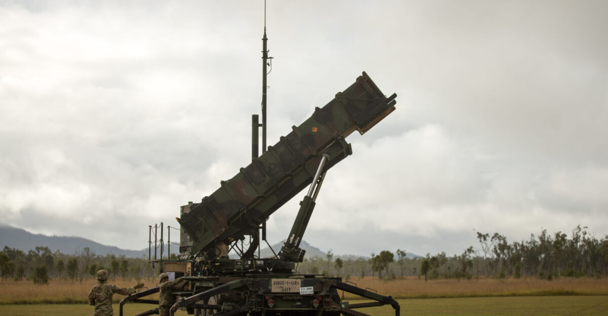 U S Army Sgt Tamayo Ezekiel right and U S Army Pfc Colby McCormick left Army Patriot Launching Station Enhanced Operators raise the MIM-104 Patriot launching station Jul 14 2021 at Camp Growl in Queensland Australia during Exercise Talisman Sabre 2021 TS 21 supports the U S National Defense Strategy by enhancing our ability to protect the homeland and provide combat-credible forces to address the full range of potential security concerns in the Indo-Pacific Ezekiel is a native of Anchorage Alaska McCormick is a native of Roanoke Alabama U S Marine Corps photo by Lance Cpl Alyssa Chuluda