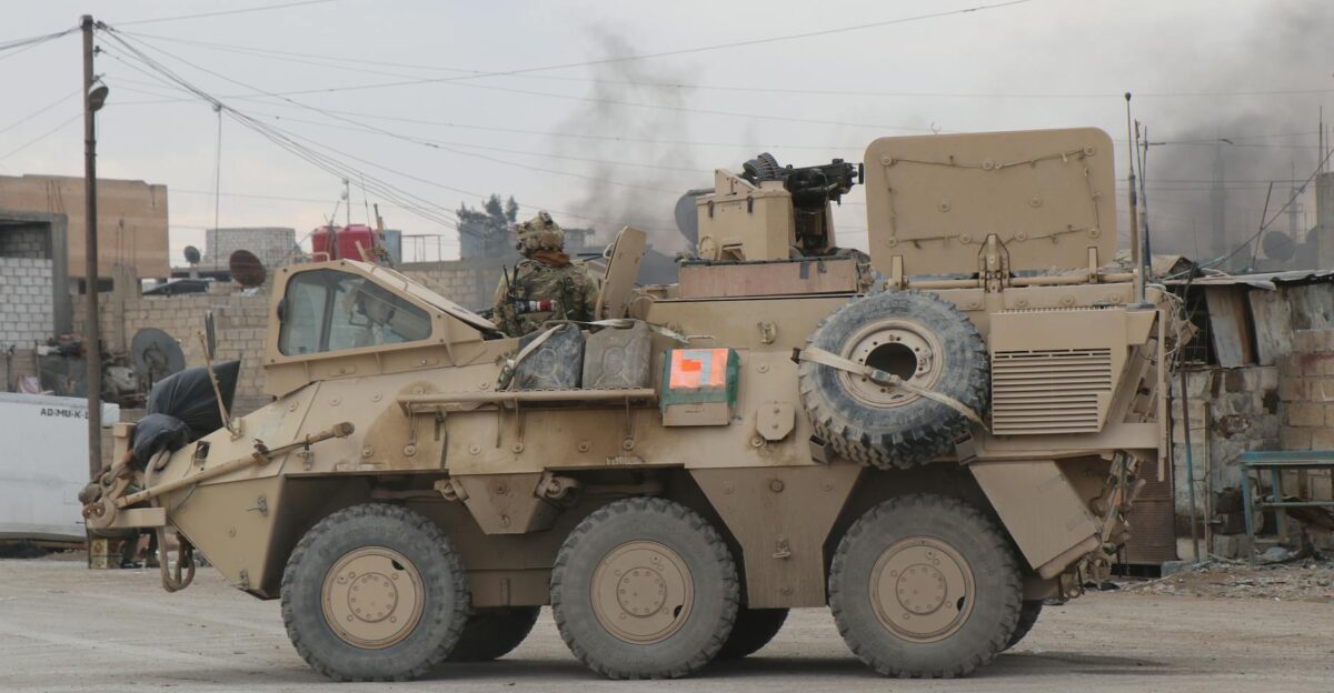 A military vehicle in an urban conflict environment in Al Hasakah Syria