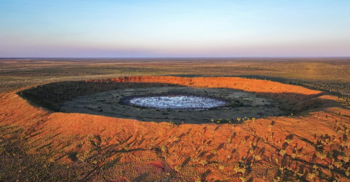 A breathtaking aerial view of the iconic Wolfe Creek Crater in Halls Creek Australia