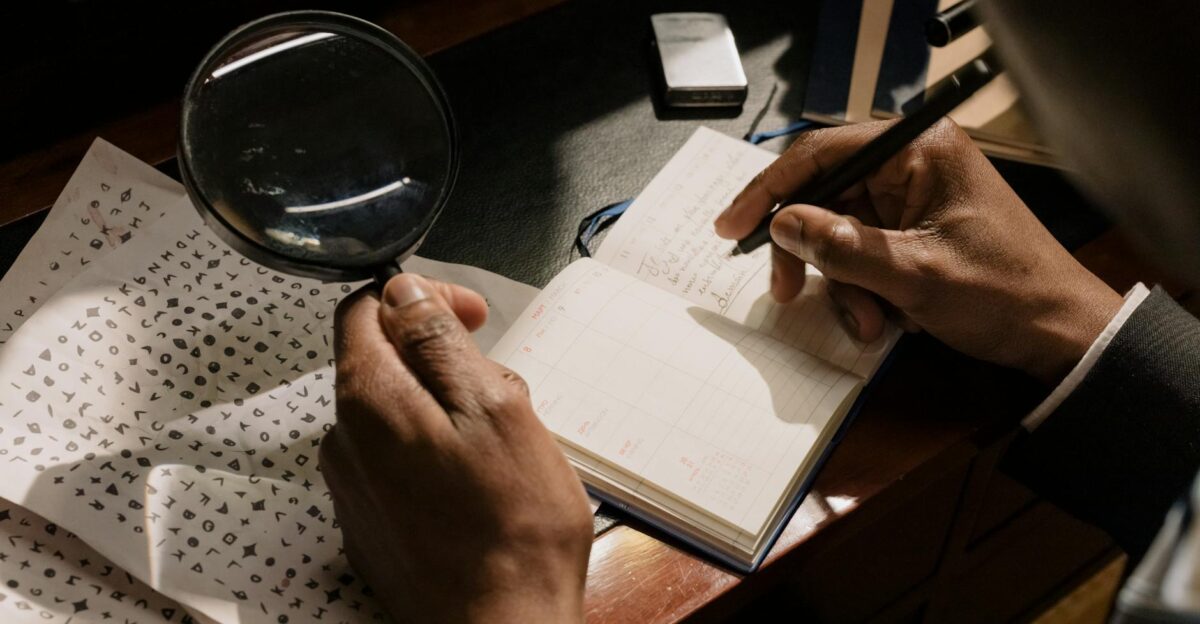 A detective decoding cipher documents with a magnifying glass notebook in hand