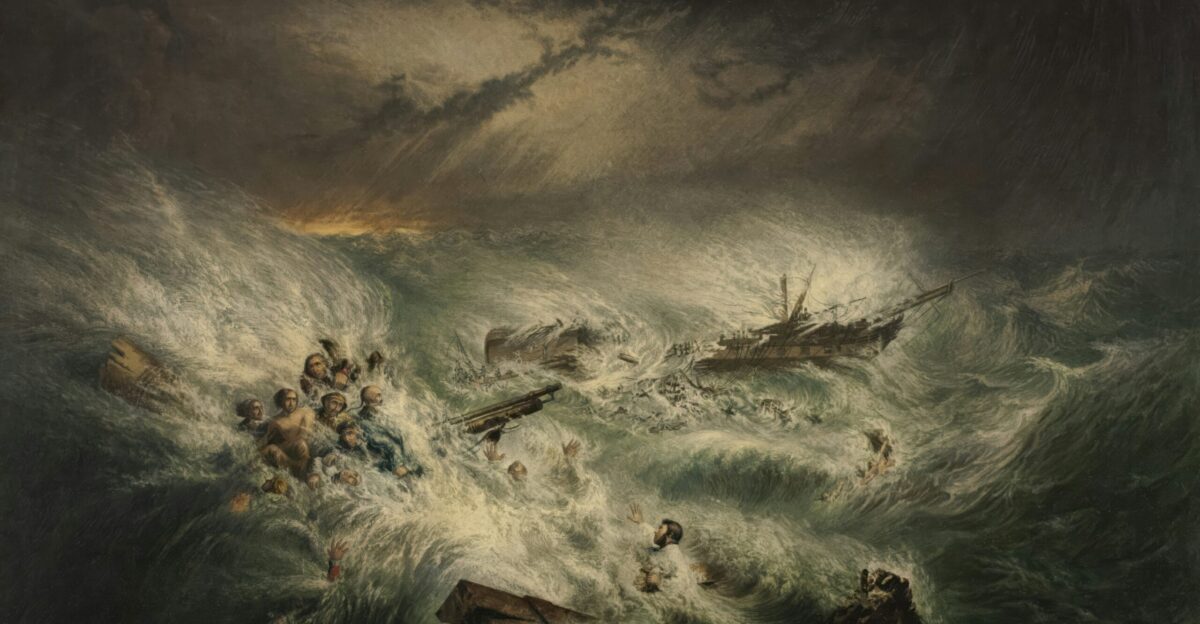 a painting of people in a boat in a stormy sea