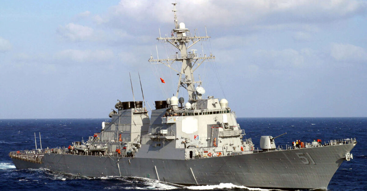 N-0115R-077 The Mediterranean Sea Mar 13 2003 - The guided missile destroyer USS Arleigh Burke DDG 51 steams through the Mediterranean Sea Arleigh Burke is currently deployed in the Mediterranean Sea conducting missions in support of Operation Enduring Freedom U S Navy photo by Journalist 2nd Class Patrick Reilly RELEASED