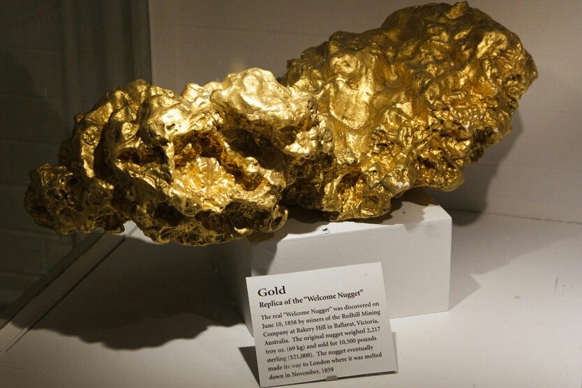 GOLD NUGGETS Welcome Stranger Nugget The world s largest nugget was found just a couple of inches below the ground near Dunolly Victoria Australia on 5 February 1869 Weighing in at 2 315 5 troy ounces 72 02 kg it surpassed the Welcome Nugget by nearly a hundred ounces In this 1869 illustration published shortly after the discovery the size of the nugget 61 by 31 cm or 24 by 12 in is compared to a 12 inch 30 cm scale bar The nugget was soon melted down into ingots and shipped to the Bank of England Before 1990 just about all large nuggets were melted down for their monetary value Today there are less than a dozen known nuggets over 500 ounces Welcome Nugget by Sharon Lewis