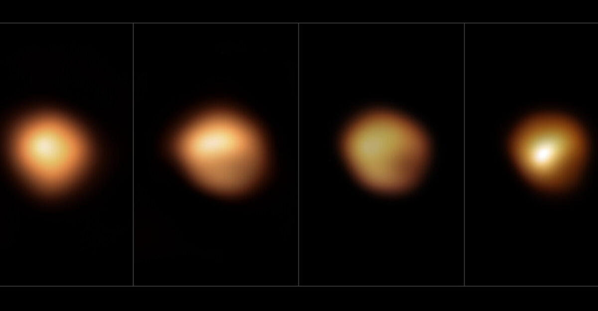 These images taken with the SPHERE instrument on ESO s Very Large Telescope show the surface of the red supergiant star Betelgeuse during its unprecedented dimming which happened in late 2019 and early 2020 The image on the far left taken in January 2019 shows the star at its normal brightness while the remaining images from December 2019 January 2020 and March 2020 were all taken when the star s brightness had noticeably dropped especially in its southern region The brightness returned to normal in April 2020