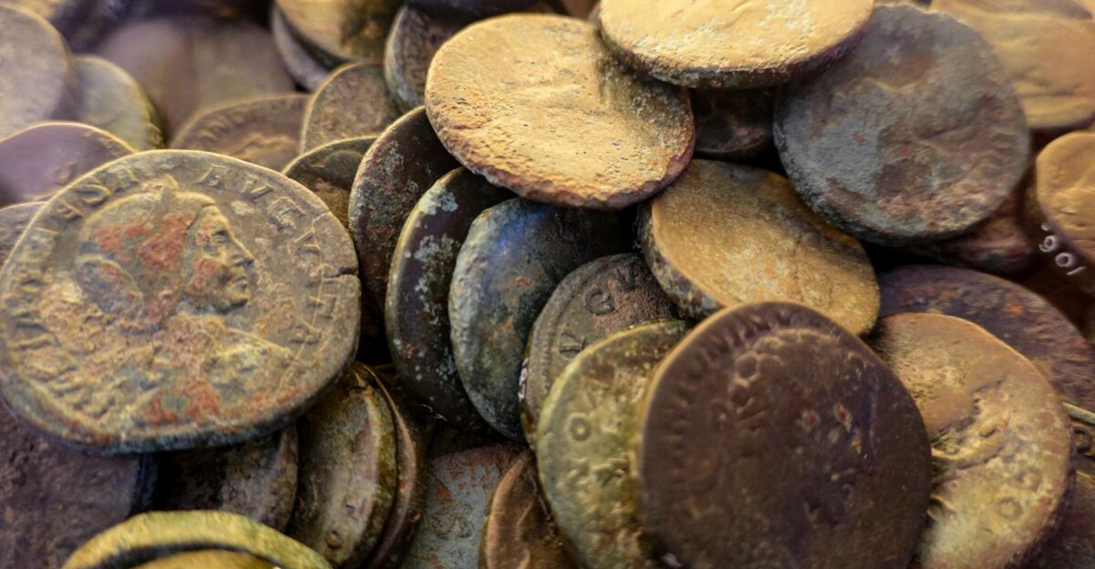 Close-up of weathered ancient Roman coins displaying rich textures and patinas symbolizing history and archaeology