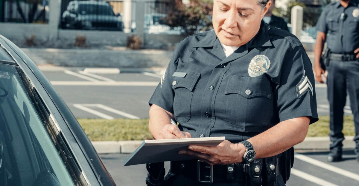 Police officer writing a ticket to a car in a sunny parking lot with a colleague in the background