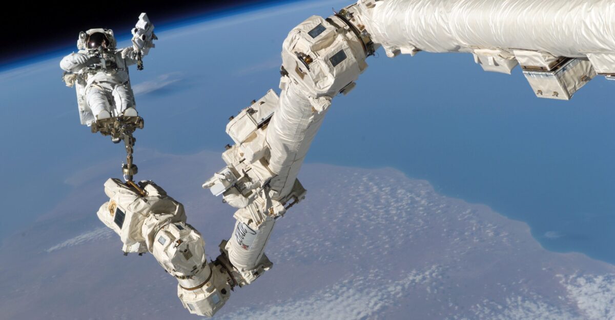 Astronaut Stephen K Robinson STS-114 mission specialist anchored to a foot restraint on the International Space Station s Canadarm2 participates in the mission s third session of extravehicular activity EVA The blackness of space and Earth s horizon form the backdrop for the image 3 August 2005