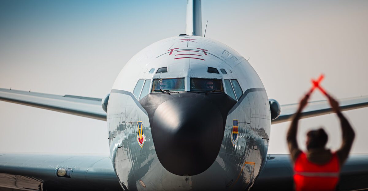 A U S Air Force WC-135R Constant Phoenix assigned to the 45th Reconnaissance Squadron Offutt Air Force Base Nebraska prepares to taxi within the U S Central Command area of responsibility Dec 1 2024 The WC-135 serves as a non-combatant scientific data-gathering aircraft aimed to ensure nations are adhering to established United Nations treaties U S Air Force photo